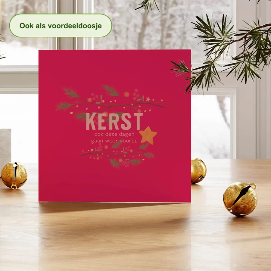 Kerstkaart tekst kerst ook deze dagen gaan weer voorbij, roze-rood – duurzame kerstkaart Grafiquelien