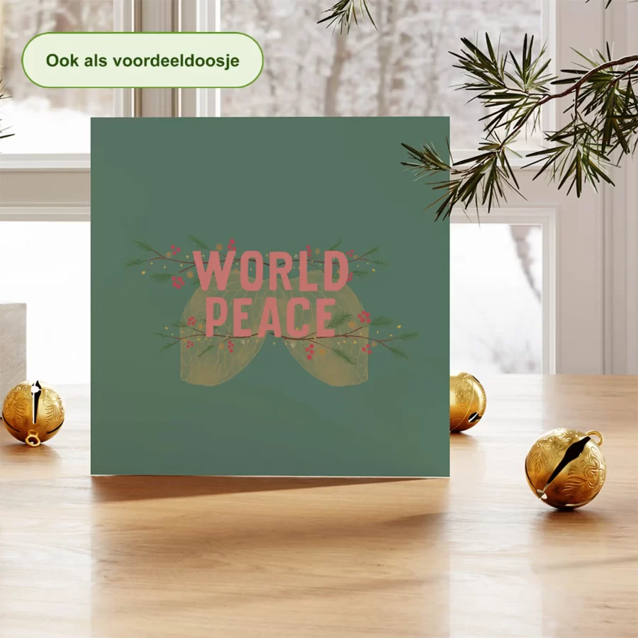 Kerstkaart tekst world peace met engelenvleugels, groen - duurzame kerstkaart Grafiquelien