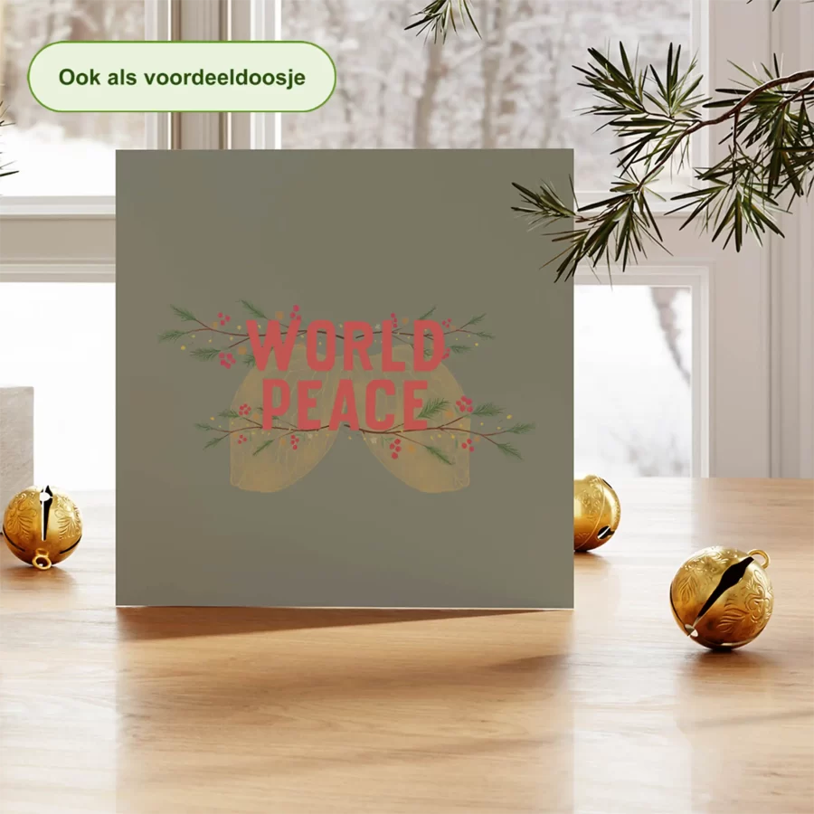 Kerstkaart tekst world peace met engelenvleugels, taupe - duurzame kerstkaart Grafiquelien