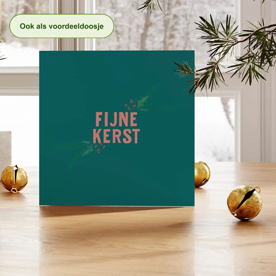 Kerstkaart tekst fijne kerst met hulsttakjes, petrol en roze – duurzame kerstkaart Grafiquelien