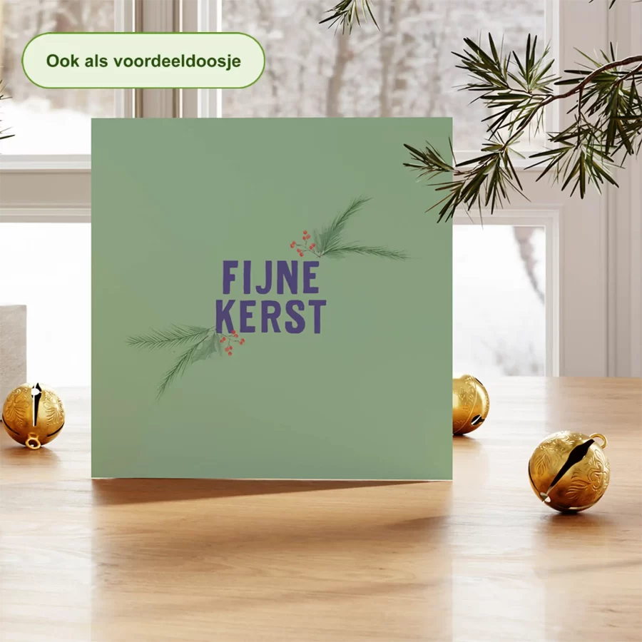 Kerstkaart tekst fijne kerst met dennentakjes, groen en paars – duurzame kerstkaart Grafiquelien