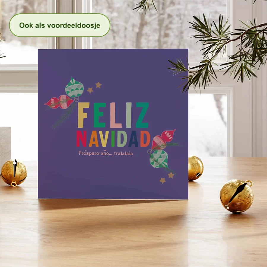 Kerstkaart tekst feliz navidad met kerstballen, paars – duurzame kerstkaart Grafiquelien