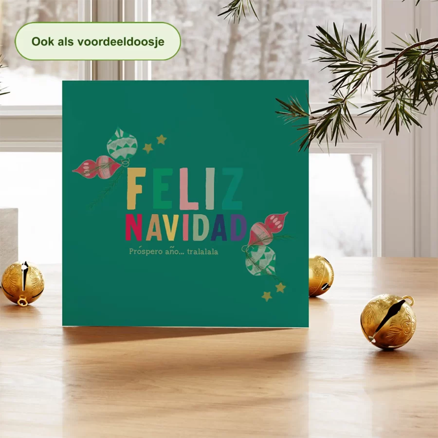 Kerstkaart tekst feliz navidad met kerstballen, groen – duurzame kerstkaart Grafiquelien