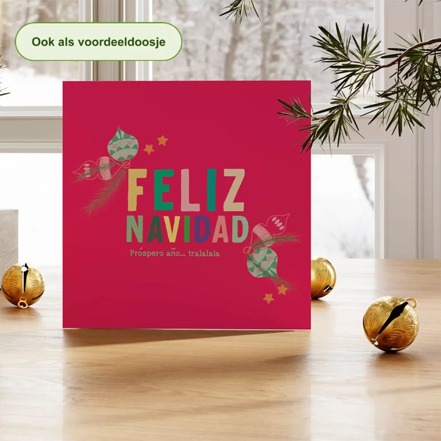 Kerstkaart tekst feliz navidad met kerstballen, roze – duurzame kerstkaart Grafiquelien
