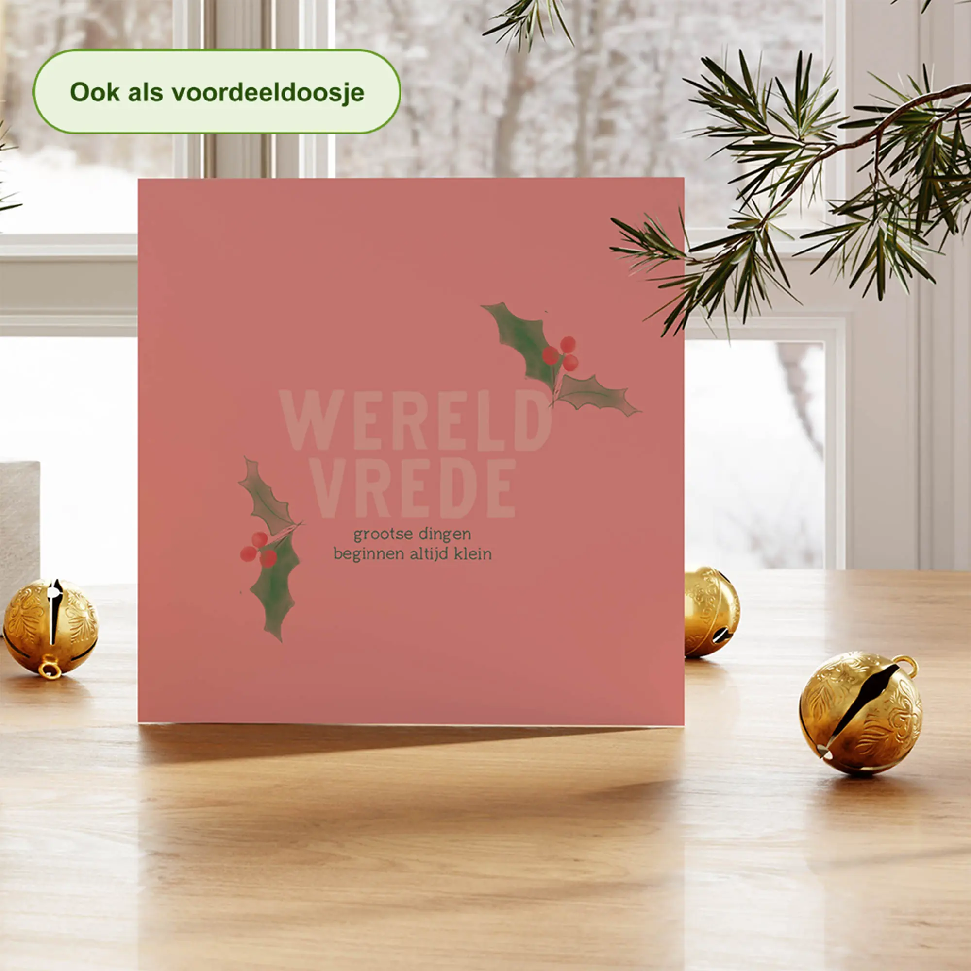 Kerstkaart tekst wereldvrede grootse dingen beginnen altijd klein, roze - duurzame kerstkaart Grafiquelien