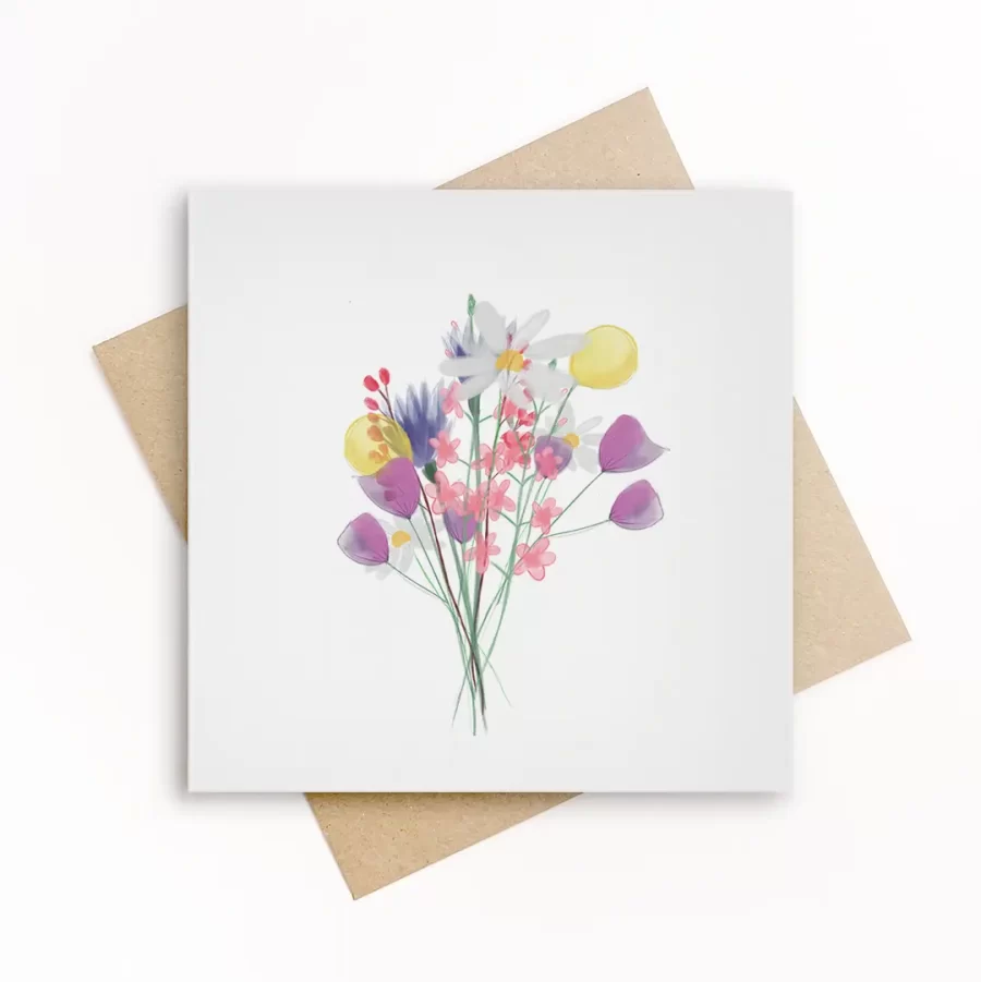 Eco-friendly wenskaart met een handgeschilderd plukboeket van kleurrijke bloemen op wit papier, inclusief kraft envelop.