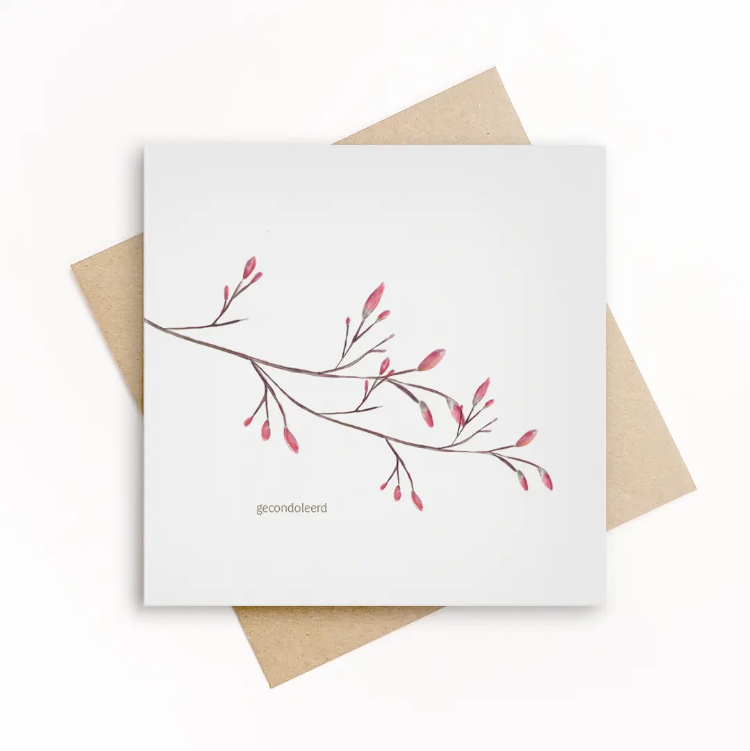 Eco-friendly condoleancekaart met een verfijnde tak met roze bloesemknoppen en de tekst gecondoleerd, op wit papier met kraft envelop.