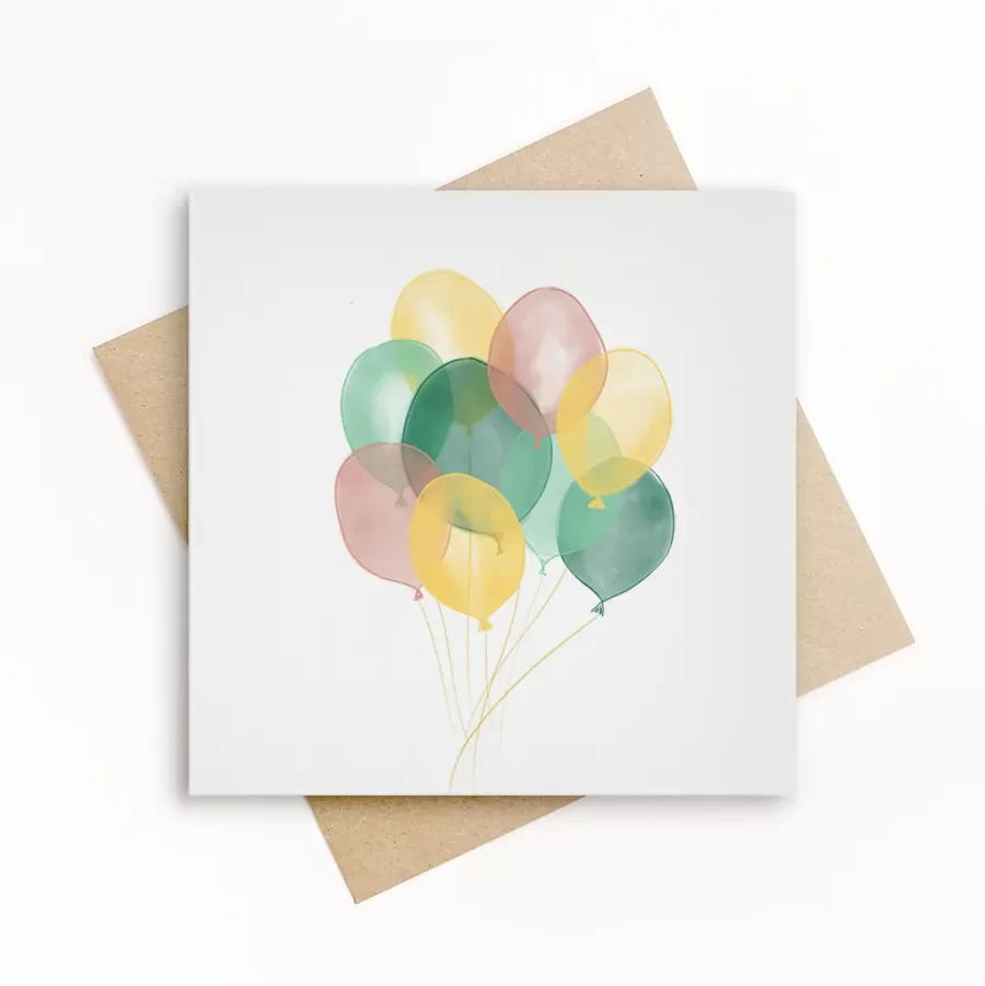 Eco-friendly wenskaart met transparant geïllustreerde ballonnen in groen, geel en roze tinten op wit papier, met kraft envelop.