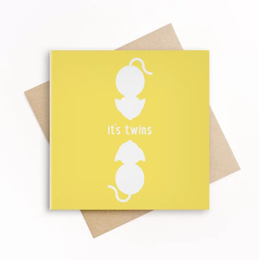 Pastel gele wenskaart met witte illustraties en de tekst “it’s twins”, minimalistische tweelingkaart met kraft envelop
