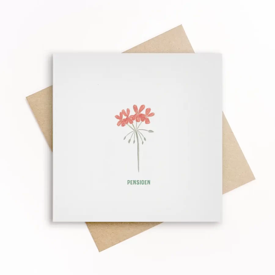 Wenskaart met geranium, een botanische illustratie en de tekst pensioen, minimalistische pensioenkaart met kraft envelop