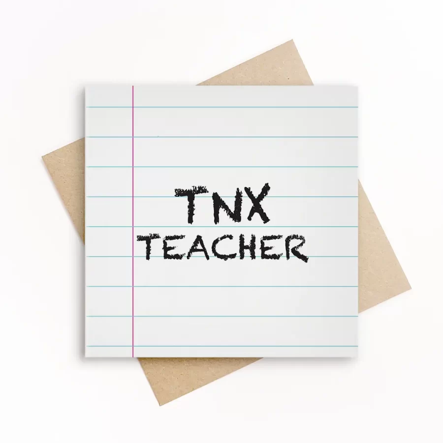 Wenskaart met gelinieerd papierdesign en de tekst TNX TEACHER in stoere, handgeschreven letters