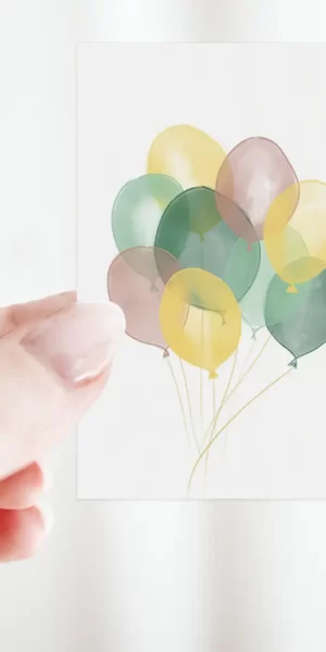 Duurzaam bloemenkaartje met pastel ballonnen in groen, geel en roze, hand geïllustreerd op FSC-papier – Grafiquelien
