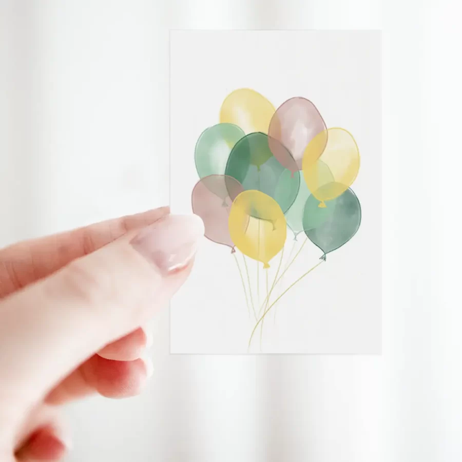 Duurzaam bloemenkaartje met pastel ballonnen in groen, geel en roze, hand geïllustreerd op FSC-papier – Grafiquelien