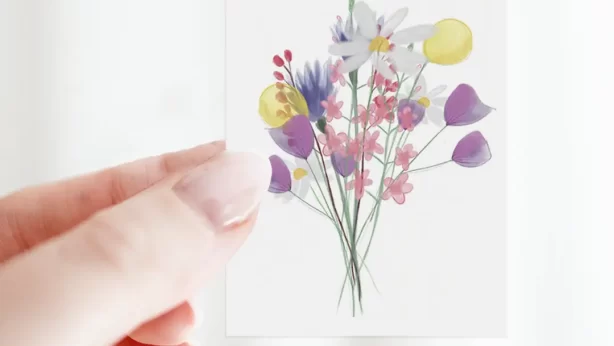 Duurzaam bloemenkaartje met kleurrijk plukboeket in roze, geel, paars en wit – hand geïllustreerd op FSC-papier van Grafiquelien