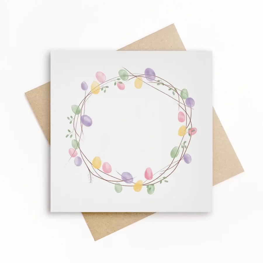 Vierkante wenskaart met pastel paaseieren in een krans van takjes, lente kaart van Grafiquelien