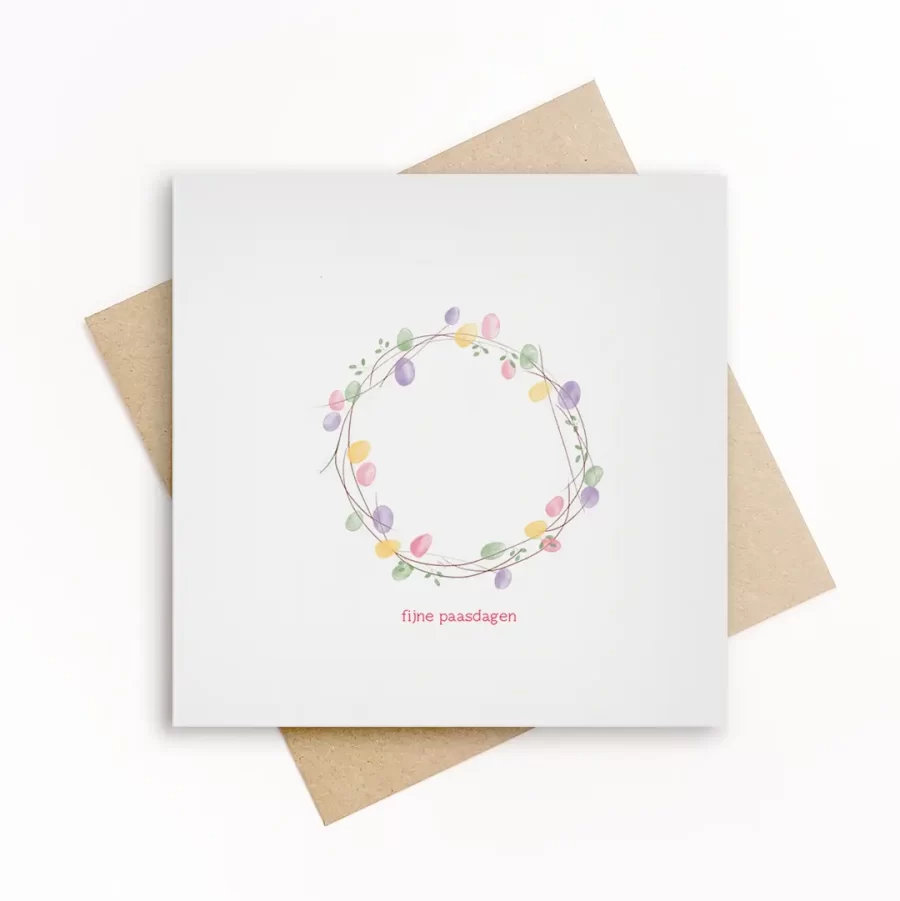 Vierkante paaskaart met pastel paaseieren in een krans en tekst fijne paasdagen