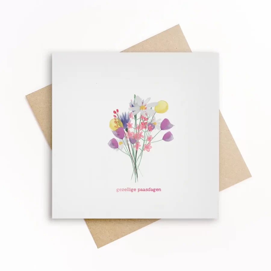 Wenskaart met kleurrijk plukboeket en tekst gezellige paasdagen