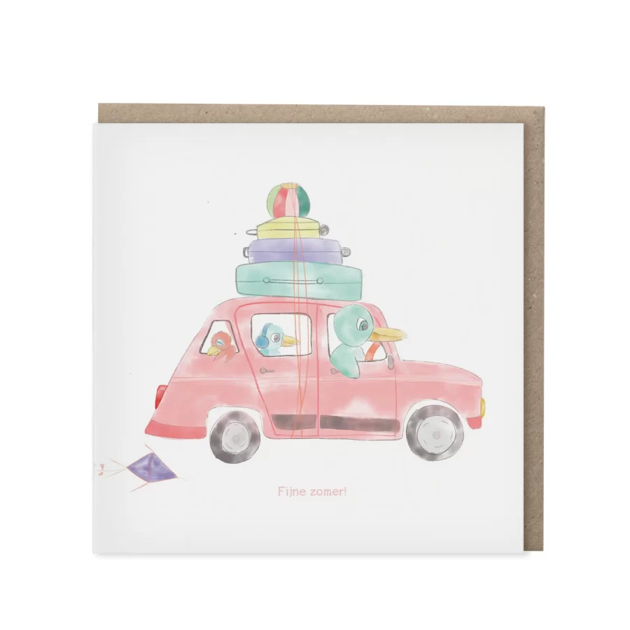 Vierkante wenskaart met een aquarel roze Renault 4 vol koffers en een strandbal op het dak, drie vogeltjes als inzittenden en een vlieger, met de tekst Fijne zomer