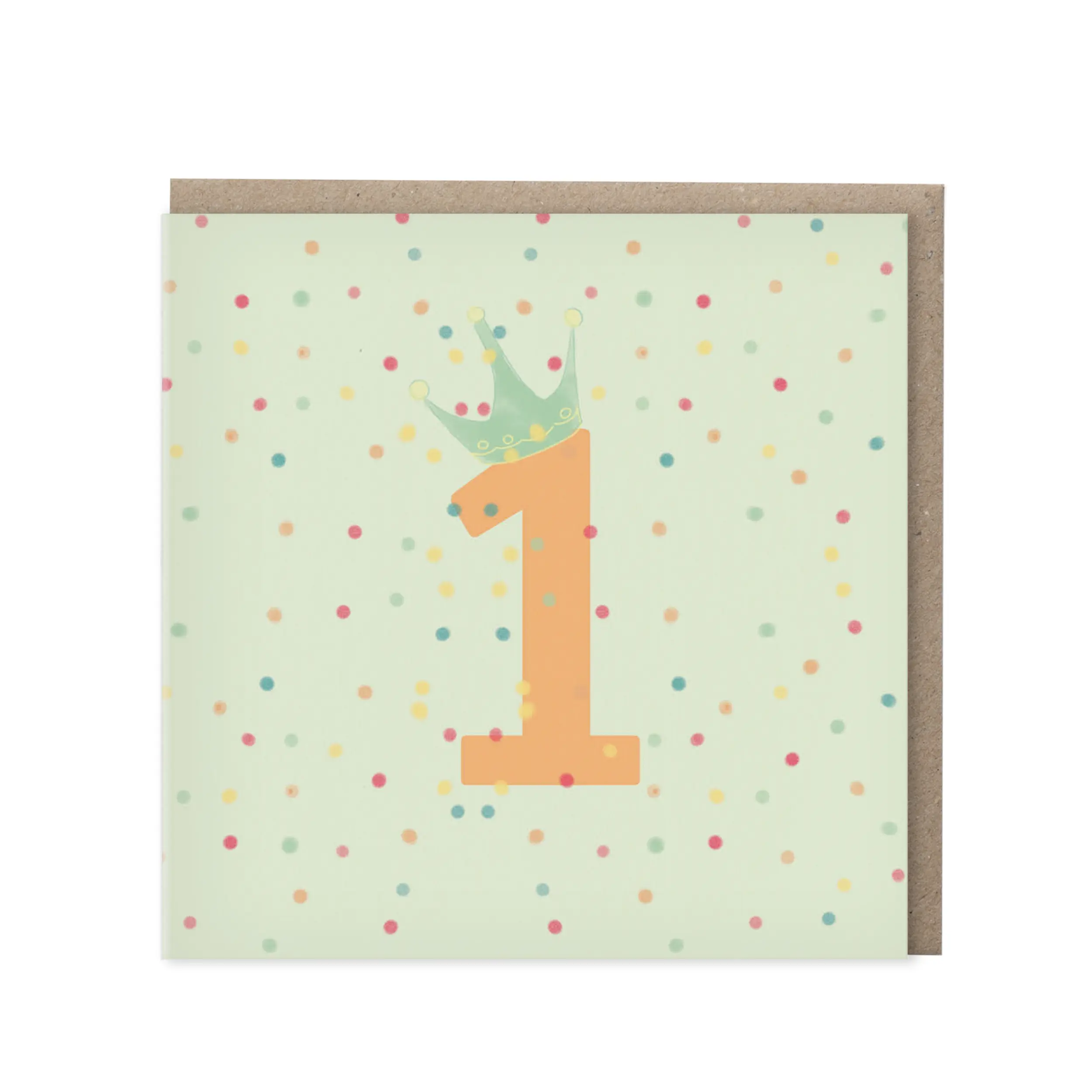 Wenskaart 1 jaar groen met oranje cijfer en kroontje op confetti-achtergrond