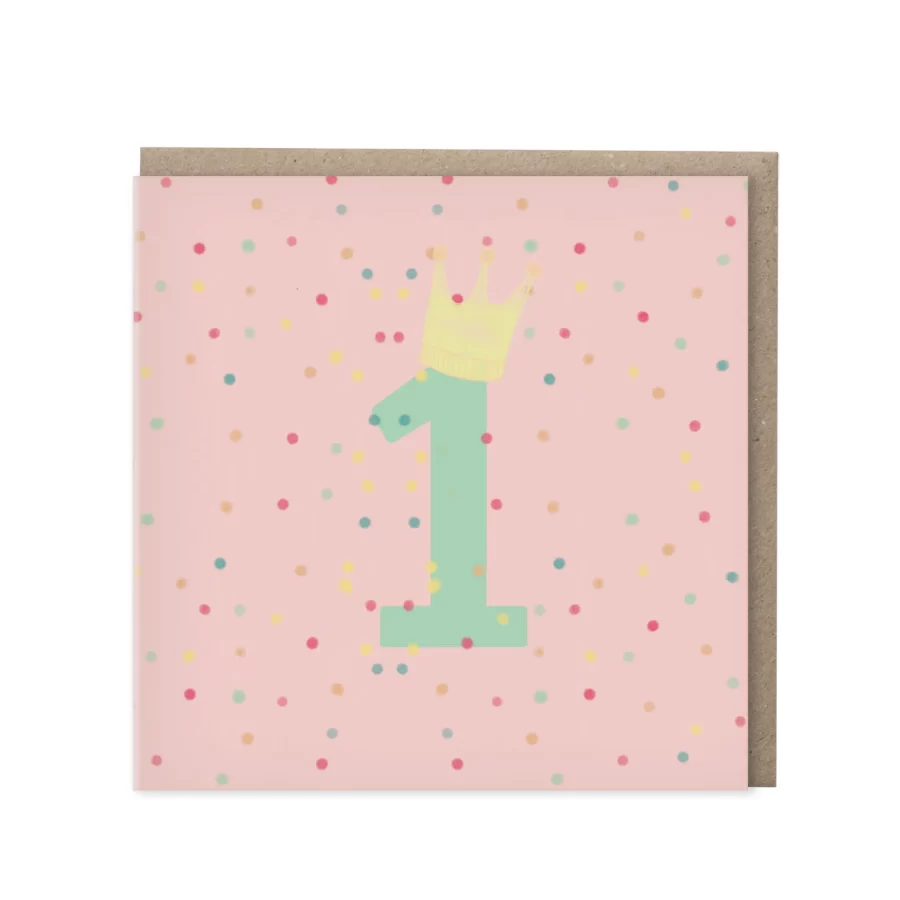 Roze wenskaart met mintgroen cijfer 1 en geel kroontje op confetti-achtergrond