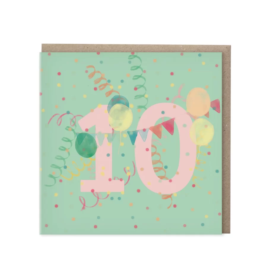 Mintgroene wenskaart met roze cijfer 10, serpentine, ballonnen en vlaggetjesslinger op confetti-achtergrond