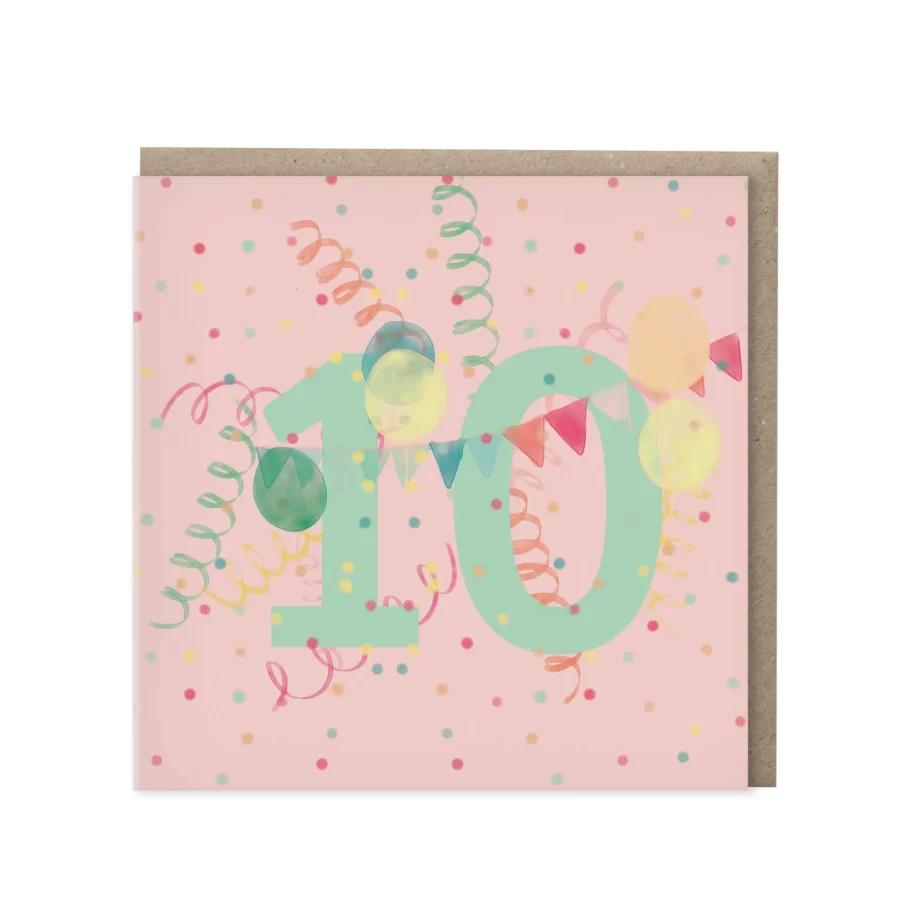 Roze wenskaart met mintgroen cijfer 10, serpentine, ballonnen en vlaggetjesslinger op confetti-achtergrond