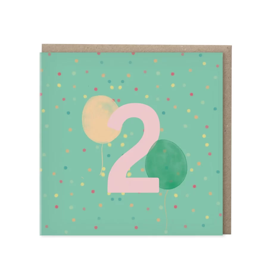 Groene wenskaart met roze cijfer 2 en twee waterverf-ballonnen op confetti-achtergrond