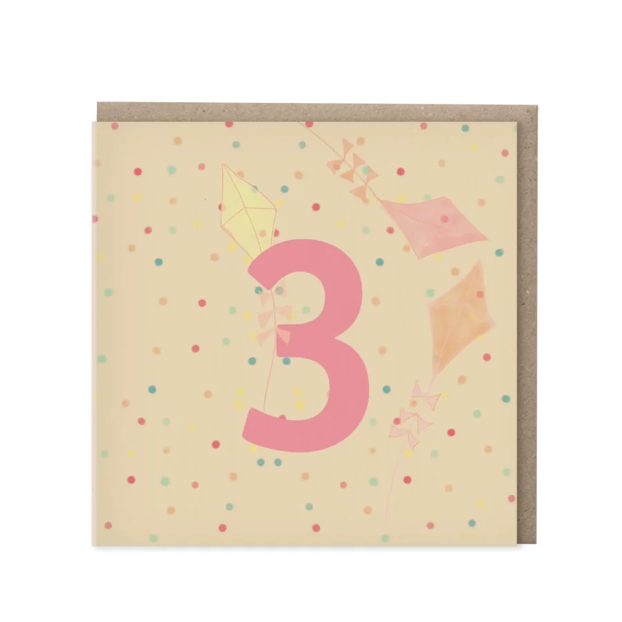 Gele wenskaart met roze cijfer 3 en drie aquarel vliegers op confetti-achtergrond