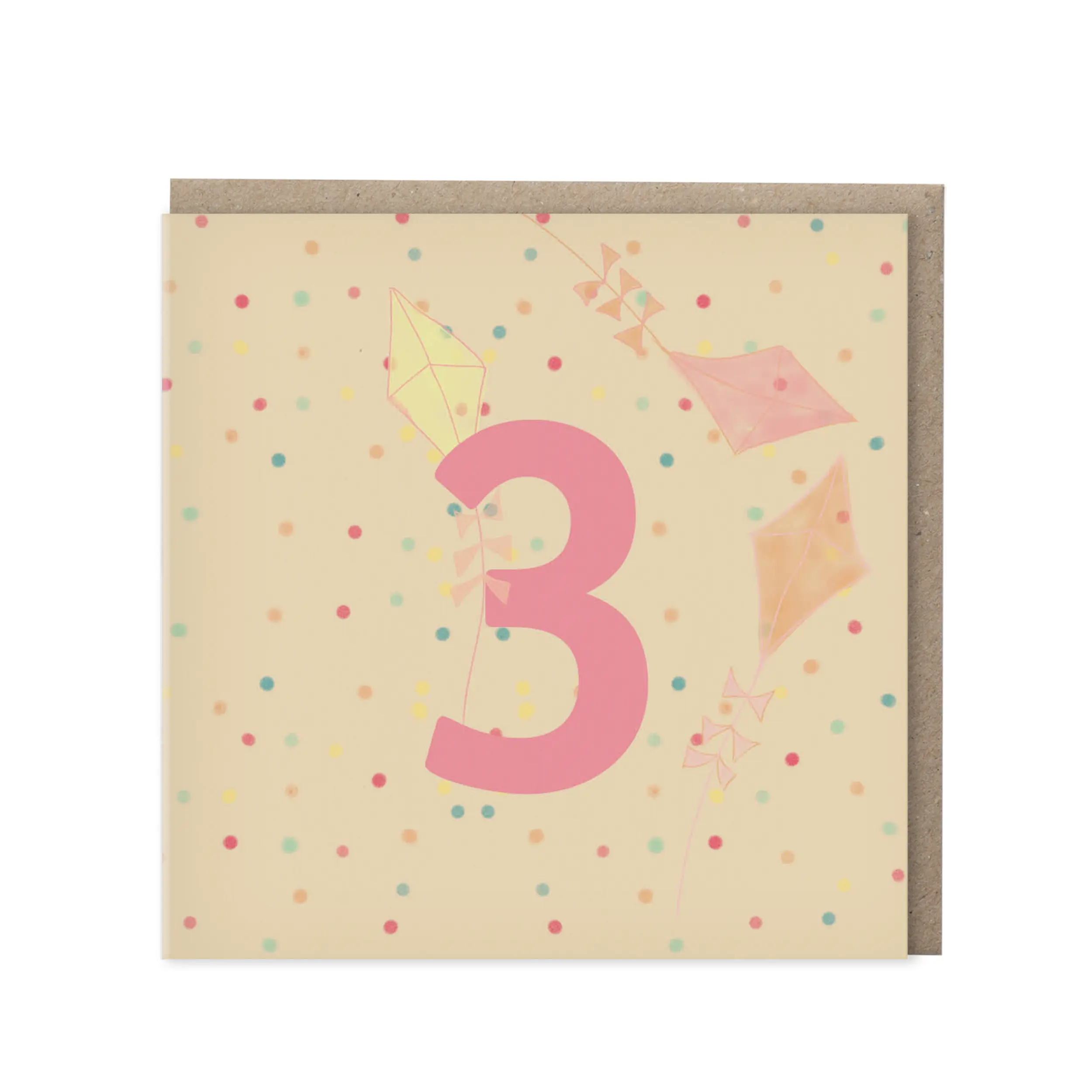 Gele wenskaart met roze cijfer 3 en drie aquarel vliegers op confetti-achtergrond