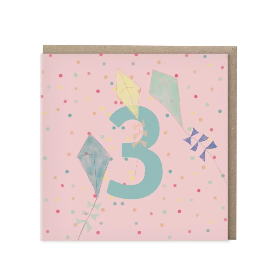 Roze wenskaart met petrolblauw cijfer 3 en drie aquarel vliegers op confetti-achtergrond