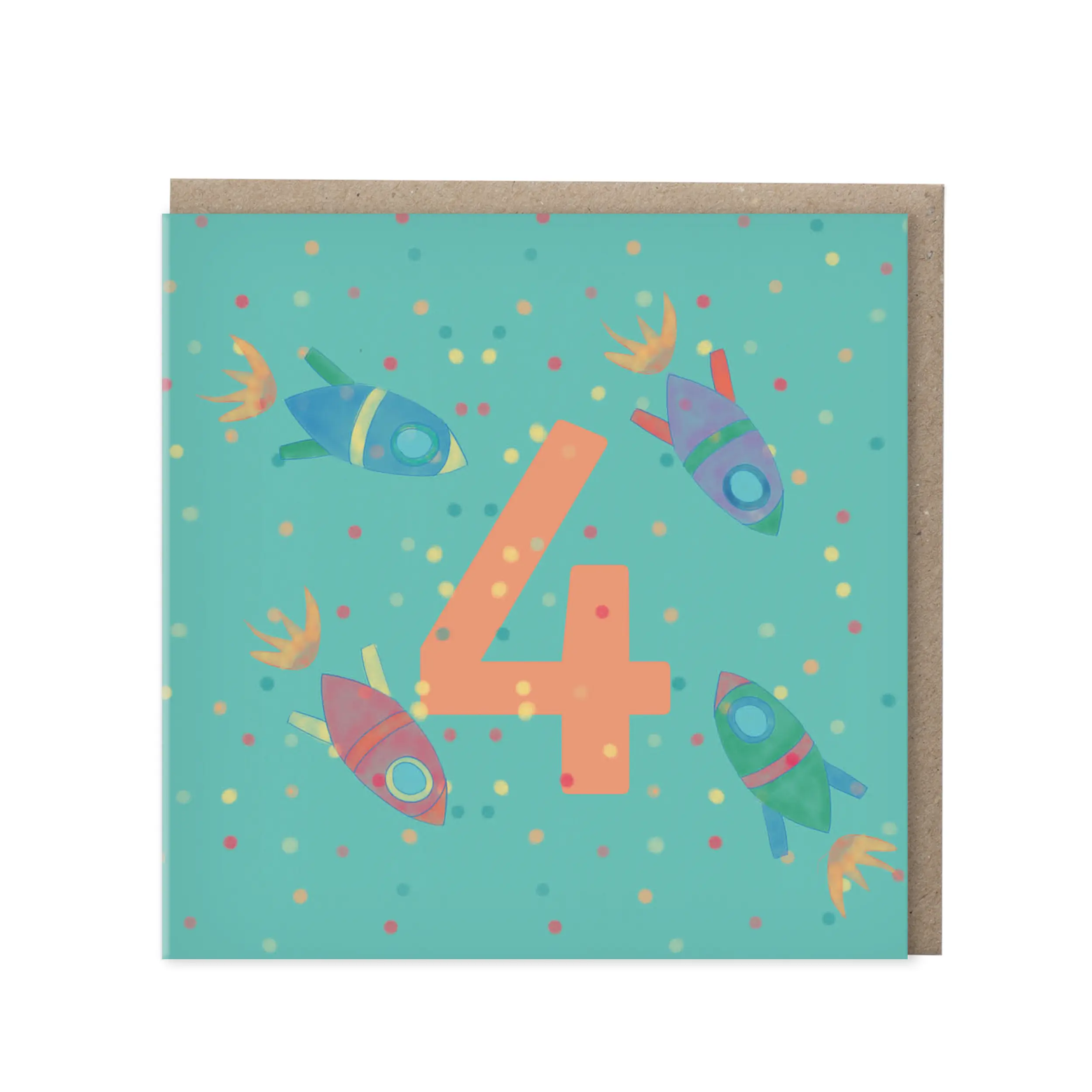 Teal wenskaart met oranje cijfer 4 en vier kleurrijke raketten op confetti-achtergrond