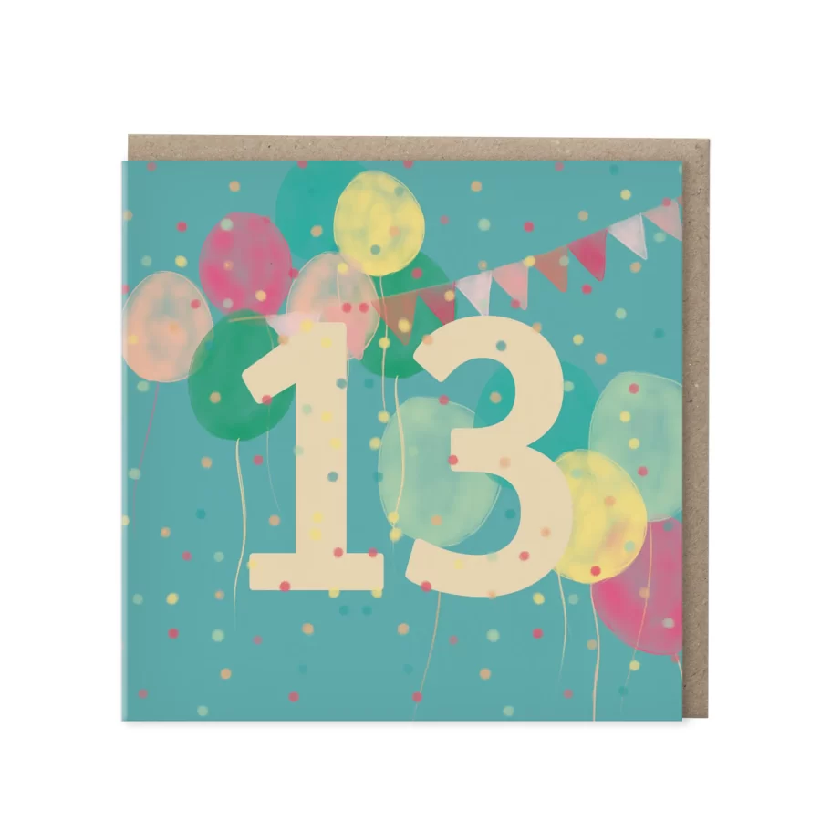 Blauwe wenskaart met crème cijfer 13, ballonnen en vlaggetjesslinger op confetti-achtergrond