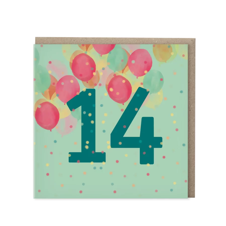 Mintgroene wenskaart met petrolblauw cijfer 14 en roze ballonnen op confetti-achtergrond