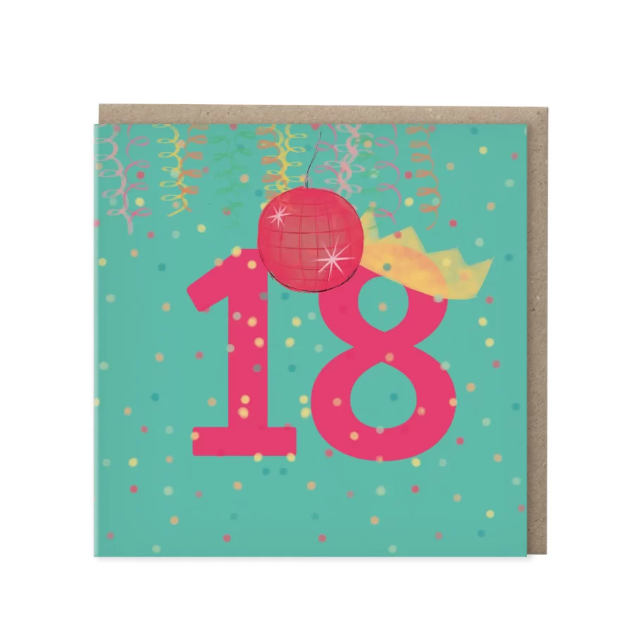 Turquoise wenskaart met roze cijfer 18, discobal en kroontje op confetti-achtergrond