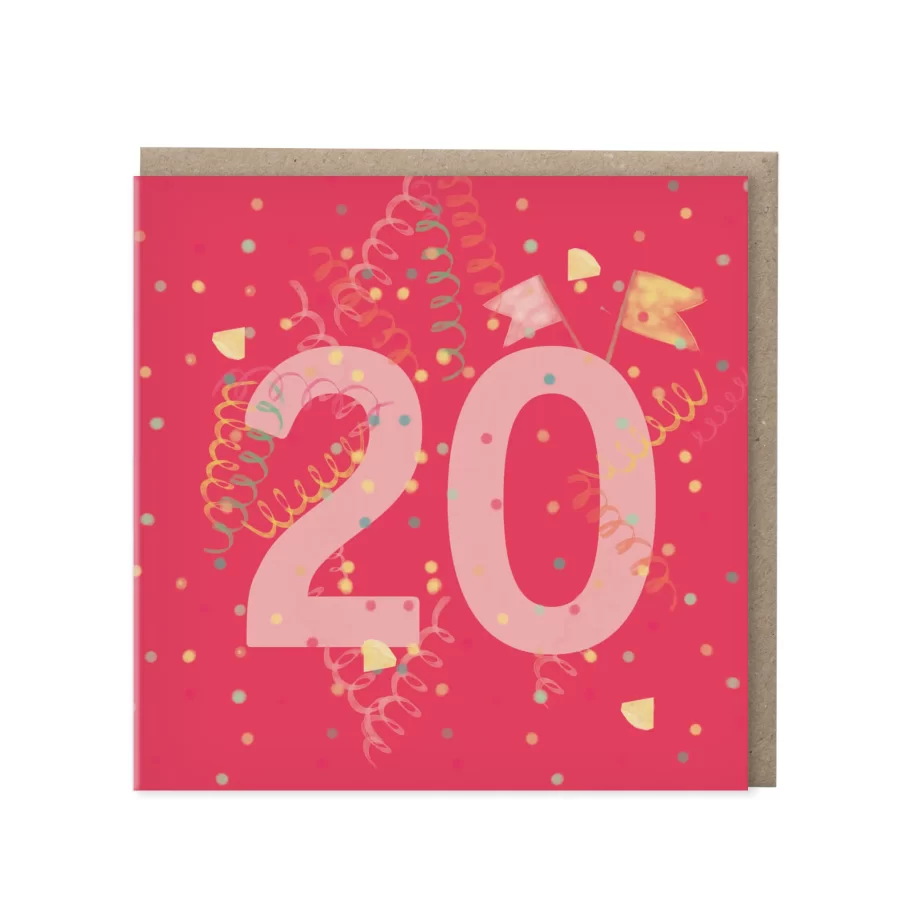 Roze wenskaart met lichtroze cijfer 20, slingers en vlaggetjes op confetti-achtergrond