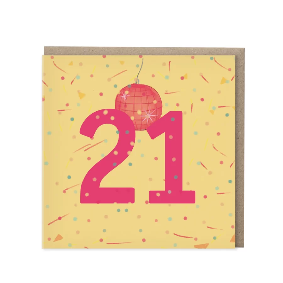 Gele wenskaart met roze cijfer 21, discobal en confetti-slierten op confetti-achtergrond