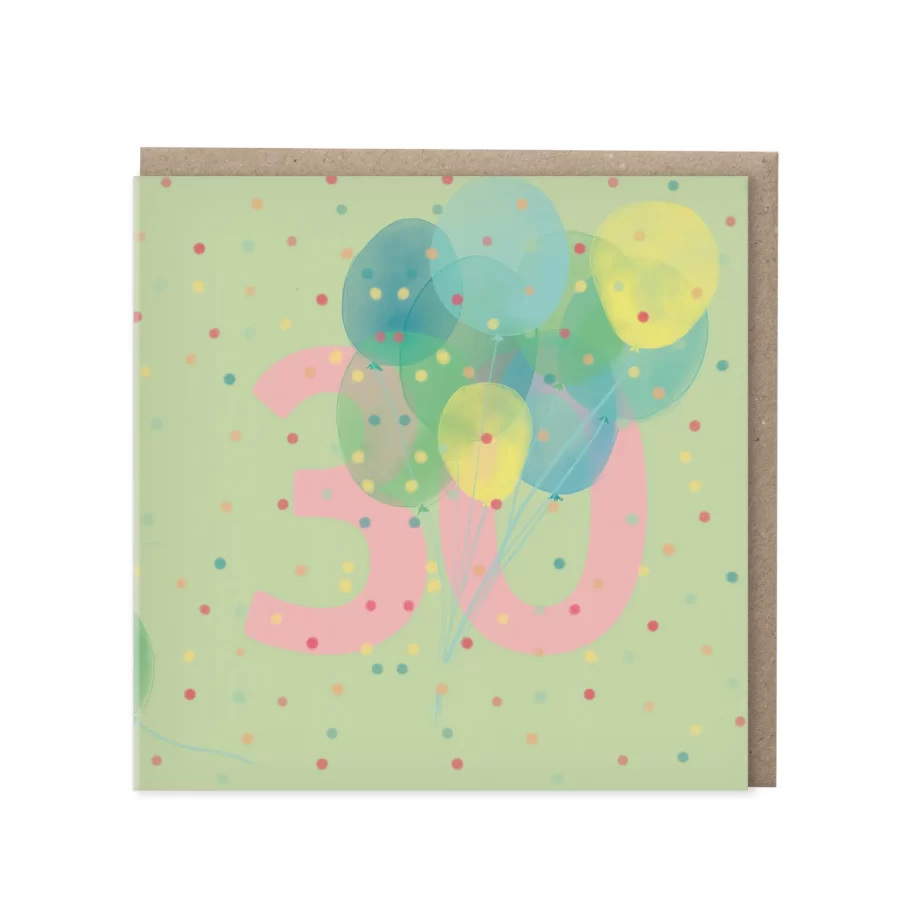 Lichtgroene wenskaart met roze cijfer 30 en een tros ballonnen op confetti-achtergrond