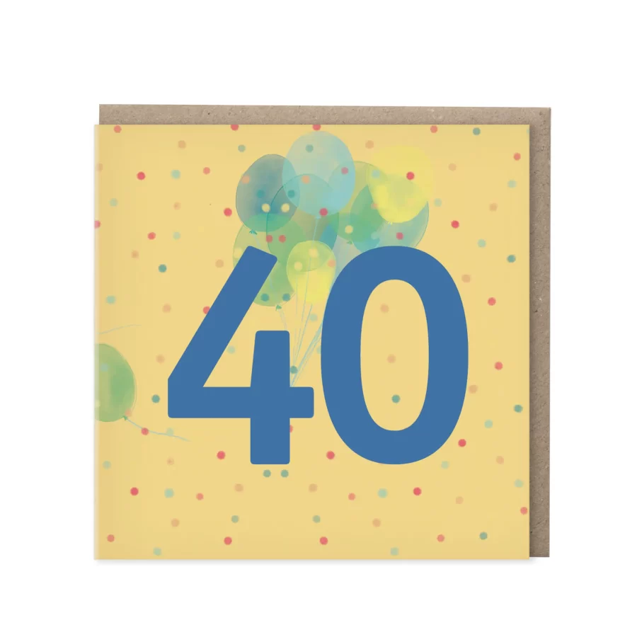 Gele wenskaart met blauw cijfer 40 en een tros ballonnen op confetti-achtergrond