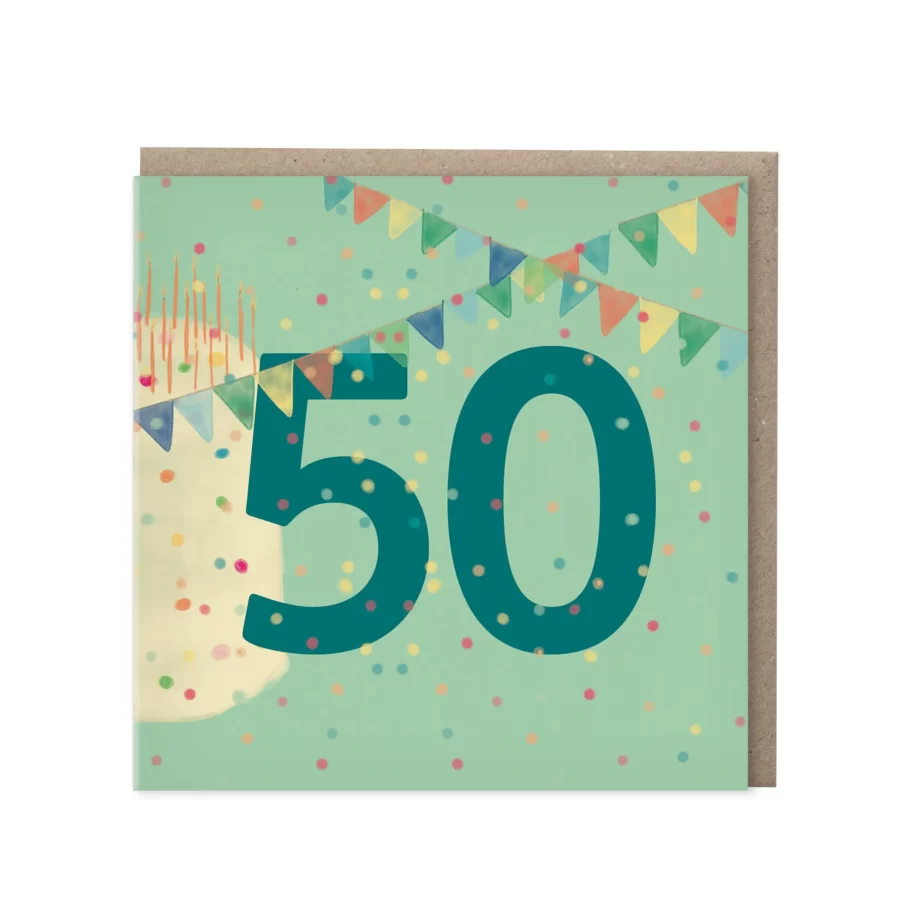 Mintgroene wenskaart met petrolblauw cijfer 50, taart, kaarsjes en vlaggetjesslinger op confetti-achtergrond