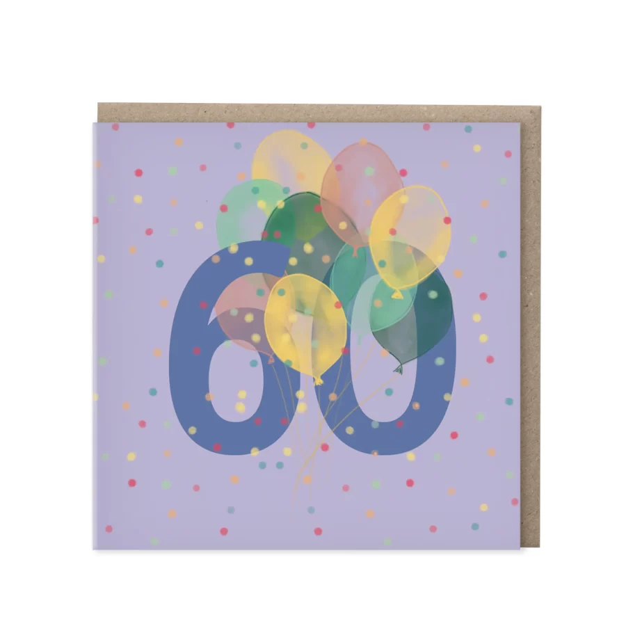 Paarse wenskaart met blauw cijfer 60 en een tros ballonnen op confetti-achtergrond