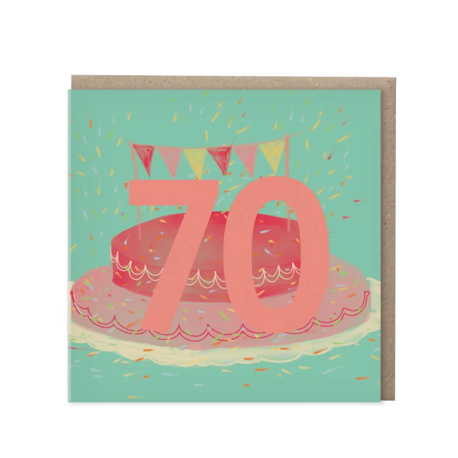 Turquoise wenskaart met koraalroze cijfer 70, taart en vlaggetjesslinger op confetti-achtergrond