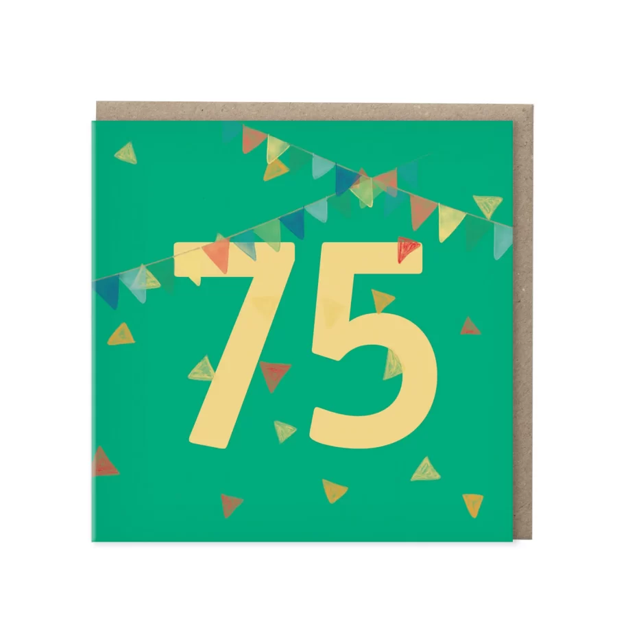Groene wenskaart met geel cijfer 75 en een vlaggetjesslinger op confetti-achtergrond