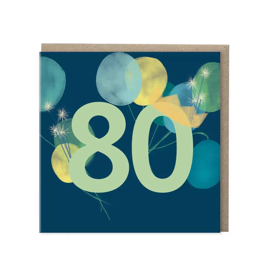 Donkerblauwe wenskaart met lichtgroen cijfer 80, ballonnen en sterretjes op confetti-achtergrond