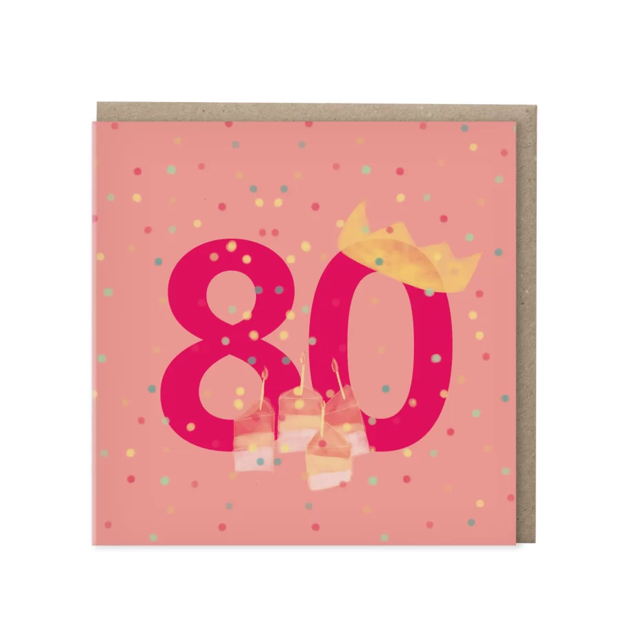 Roze wenskaart met felroze cijfer 80, kroontje en brandende kaarsjes op confetti-achtergrond
